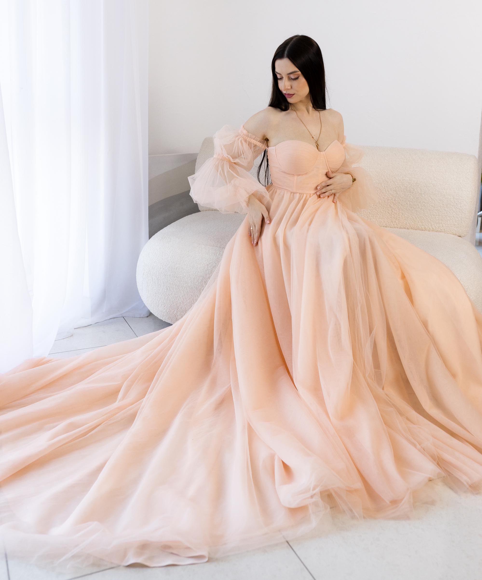 Peach airy dress.floral dresses.corset beige dress.Dress with a long train.Apricot tulle dress.Delicate dress with sleeves.Dress with a slit