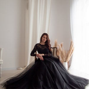 Elegant black dress Puffy tulle dress Lace evening dress Black wedding design Tulle dress with open back Black lace Long sleeve dresses image 1