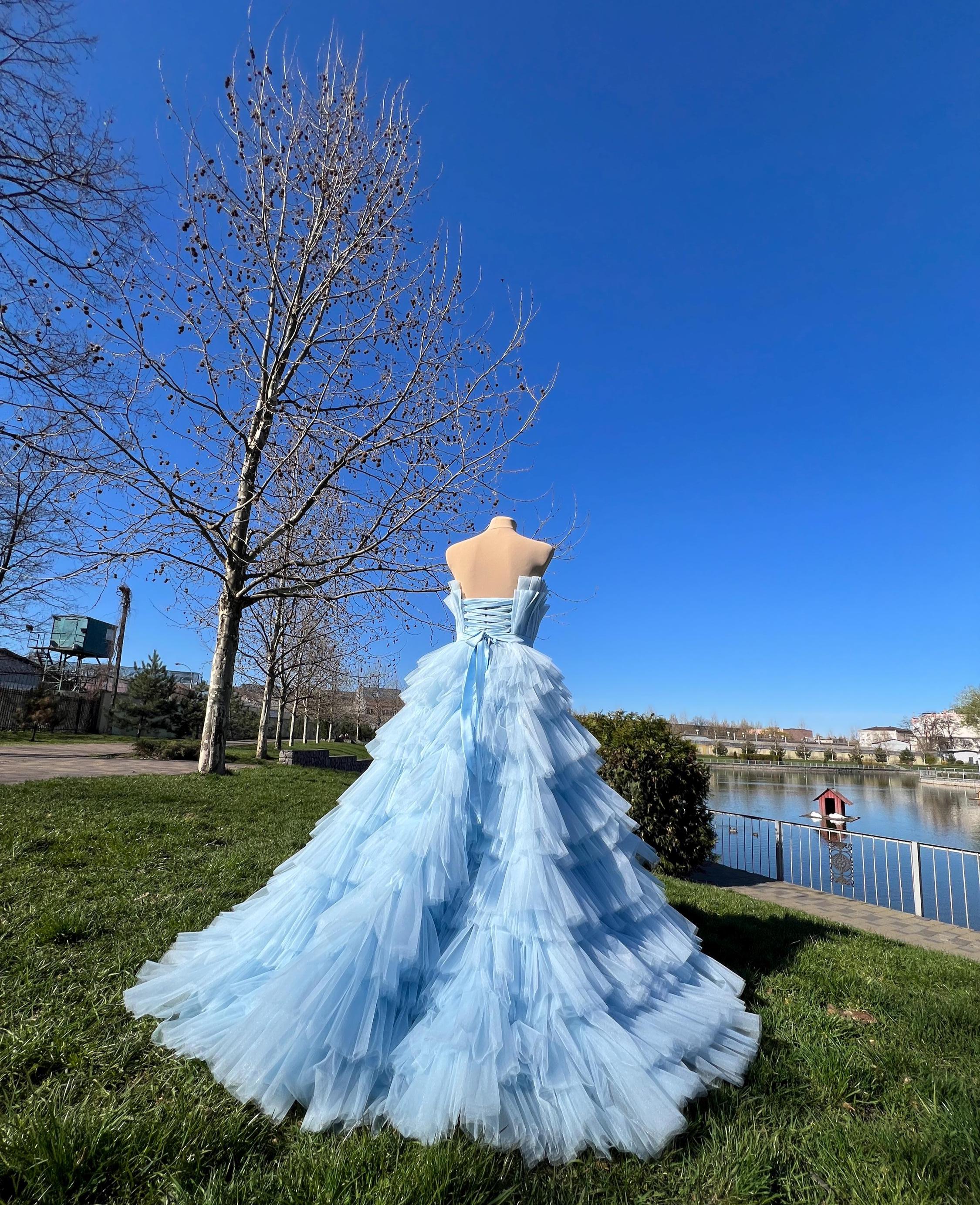 blue full skirt dress Gorgeous sick fluffy blue dress,Light blue ball gown,Multilayer corset dress,Airy wedding dress,Doll dress with silver ribbon,Heavenly color