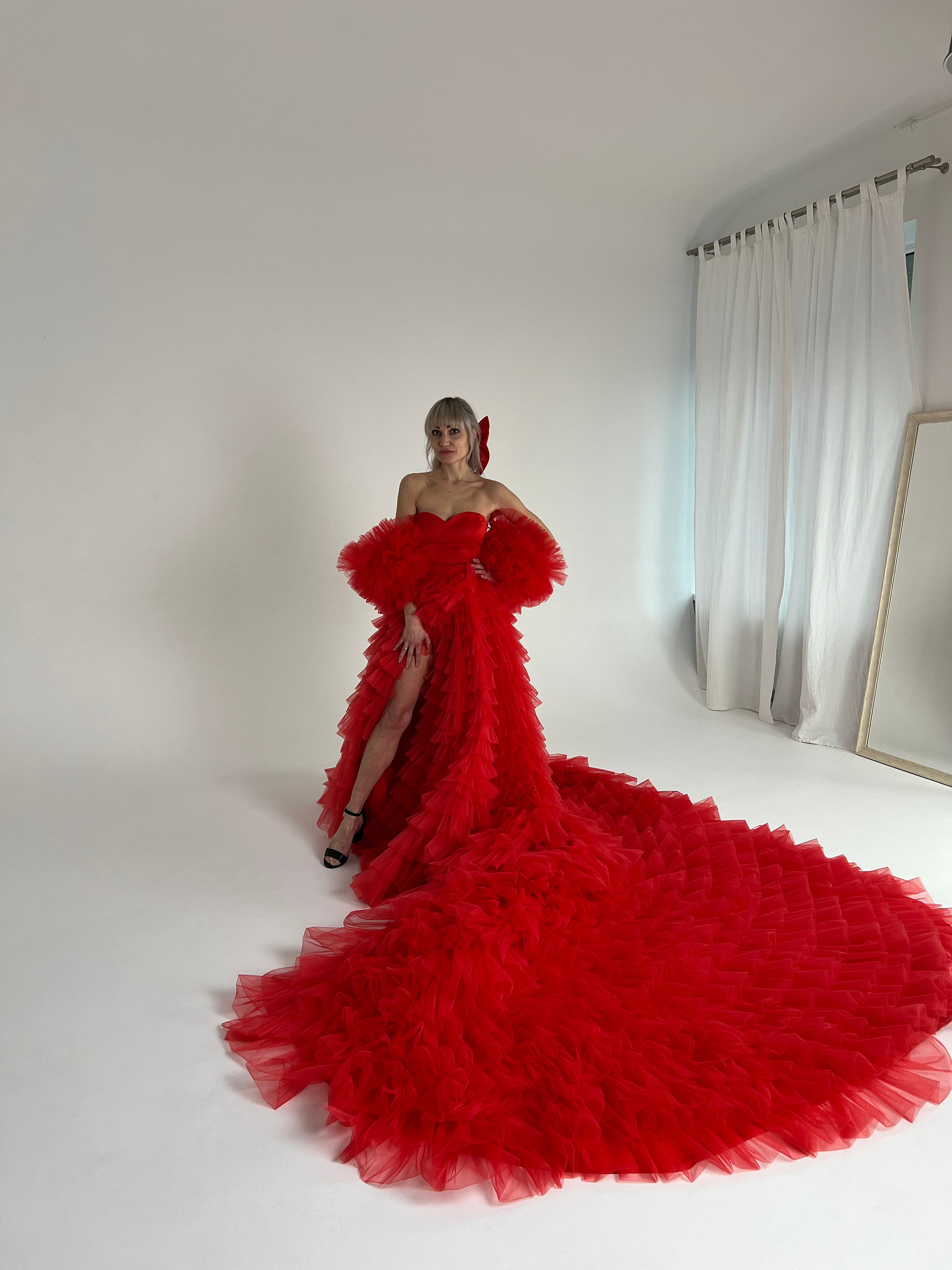 red dress puffy Princess Short Red Dress with Off Shoulder Organza Top & Puffy Skirt