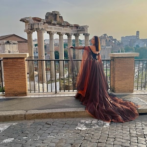 May include: A long, flowing gown with a dark brown skirt and a sheer, orange-toned cape. The dress features a black bodice and a long train. The background includes ancient Roman ruins and a cityscape.