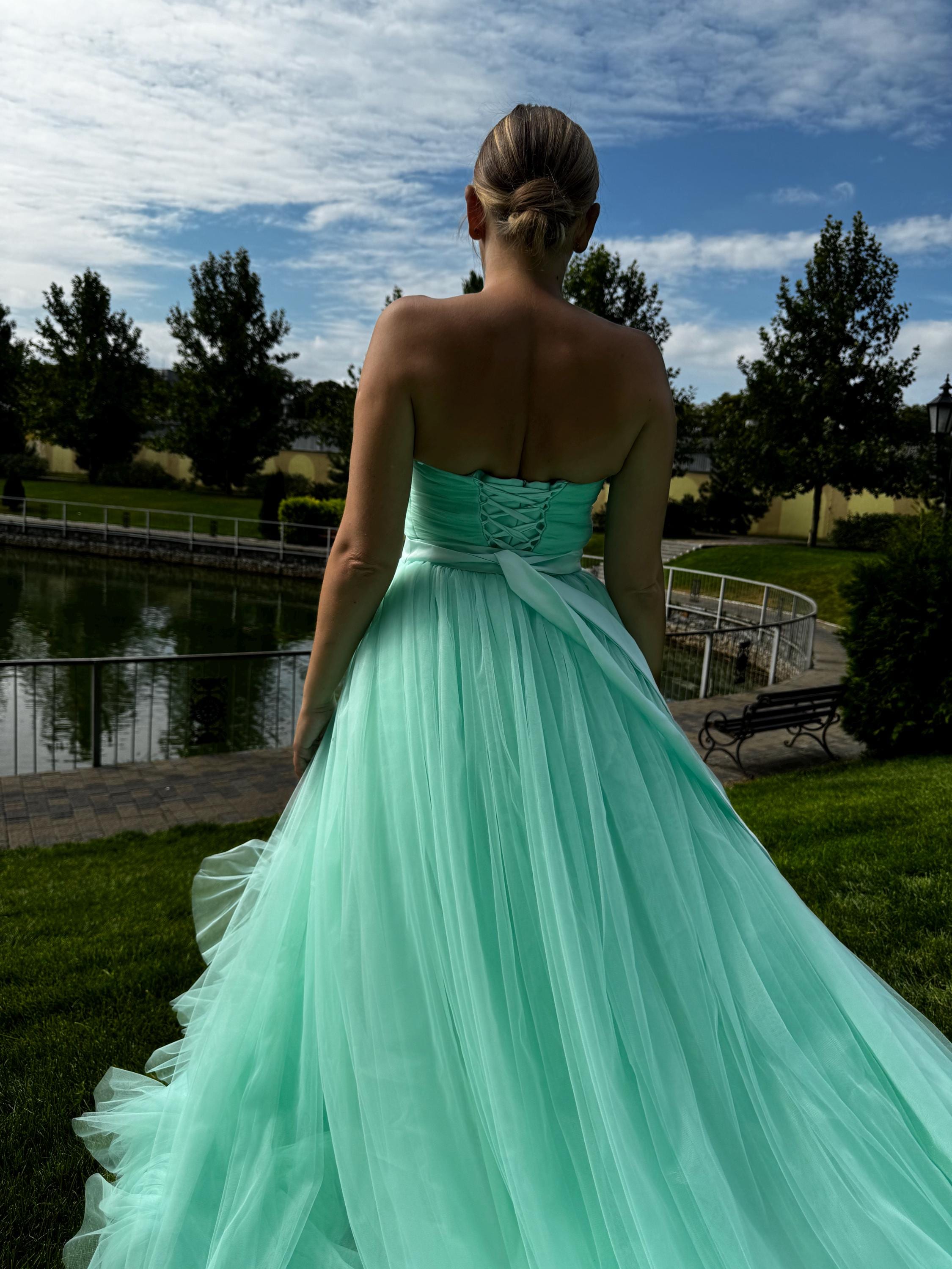 Big Mint dress.Airy Long dress.Chic Green dress.Event dress.Large Dress with ruffles.Wedding Very Long dress.Heavenly dress.Dres for Photo