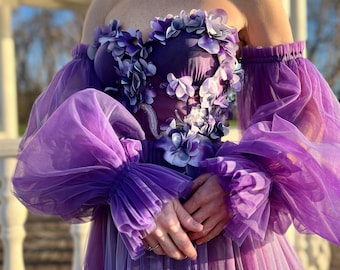 Purple floral long dress. A sophisticated look for a ball in lavender. Ombre floral corset dress. Fairytale handmade dress Fantastic costume