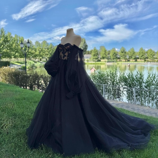 Long black wedding dress,Corset dress with lace,Gothic tulle wedding dress,A-line dress with a train,Corset with cups and voluminous sleeves