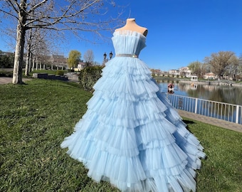 Gorgeous sick fluffy blue dress,Light blue ball gown,Multilayer corset dress,Airy wedding dress,Doll dress with silver ribbon,Heavenly color