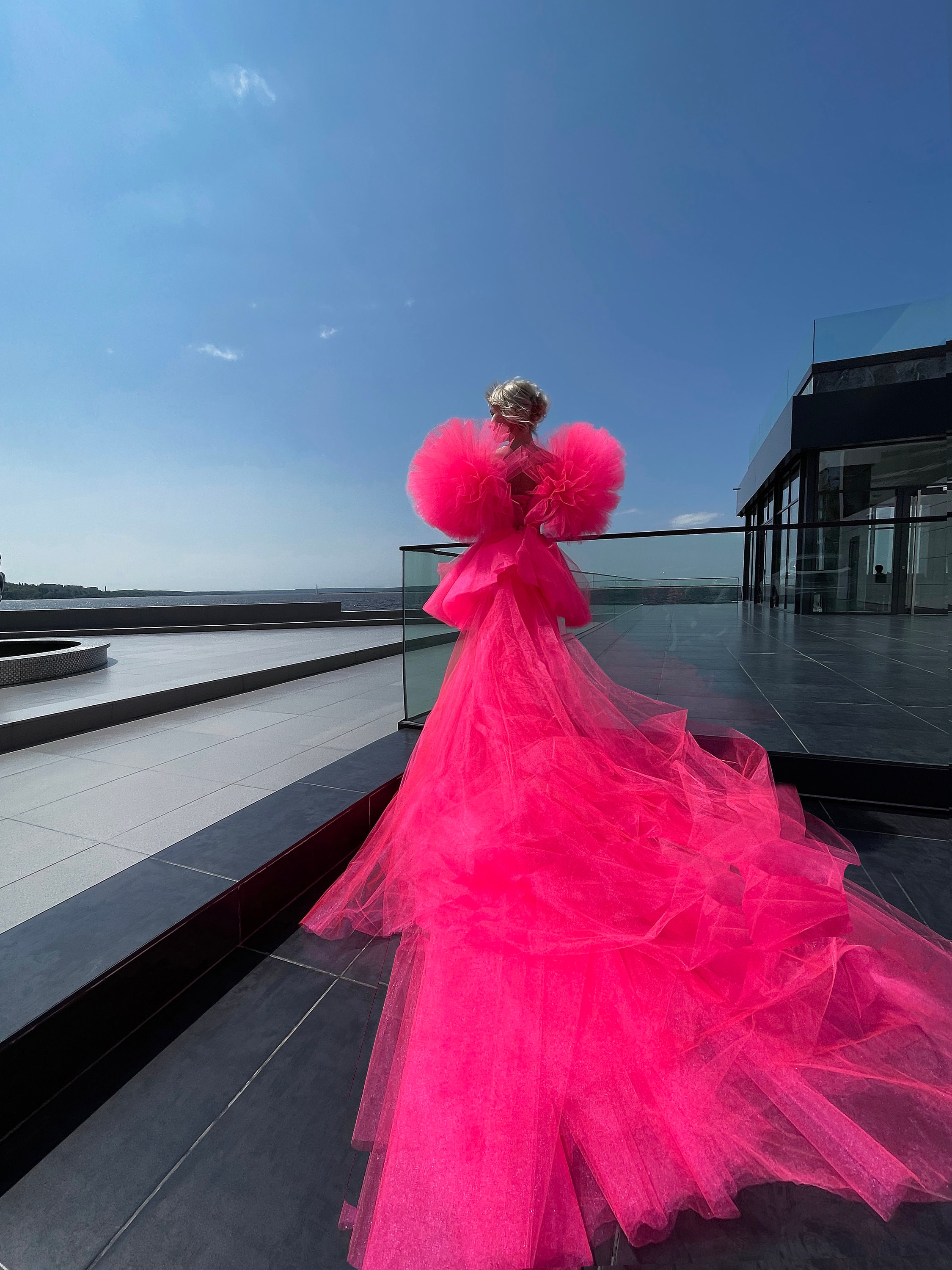 Fluffy Pink Dress With a Train,neon Dress,puffy Dress With Pom Fluffy Pink Dress With a Train,neon Dress,puffy Dress With Pom