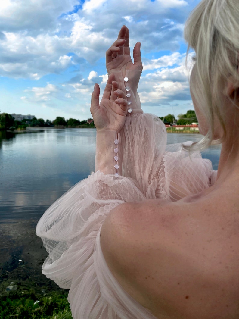 Soft pink event dress,Puffy tulle dress with long train,Dresses with puff sleeves,Wedding Dress,Prom Dress,Pink dress for photo,corset dress image 8