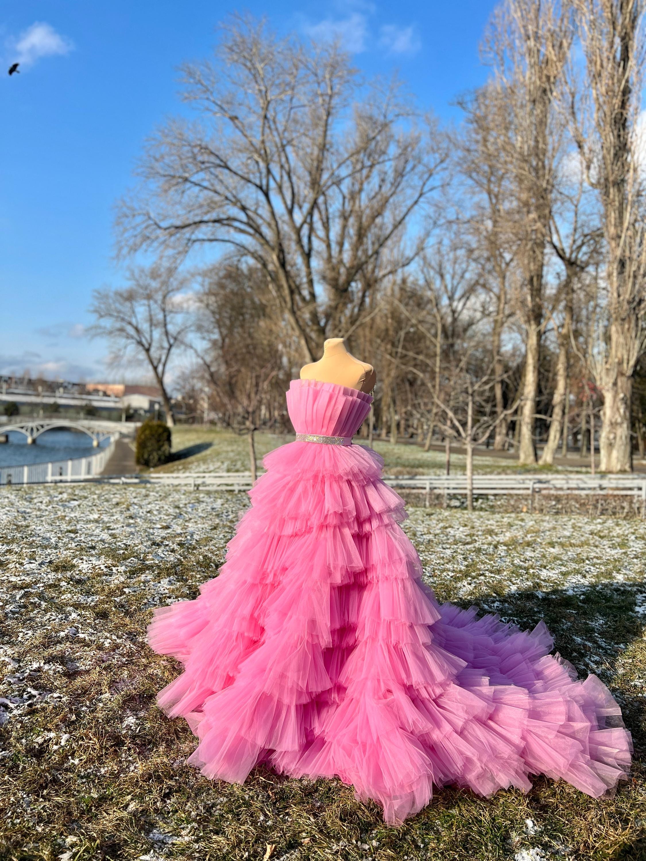 pink sparkly poofy dress Puff-Sleeve Blush Pink Long Sequin Formal Dress Iridescent Blush / 0