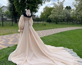 Airy organza dress.Champagne dress.Long dress with a train. A special occasion.Beige dress .Dress with puff sleeves.Nude color of the dress.