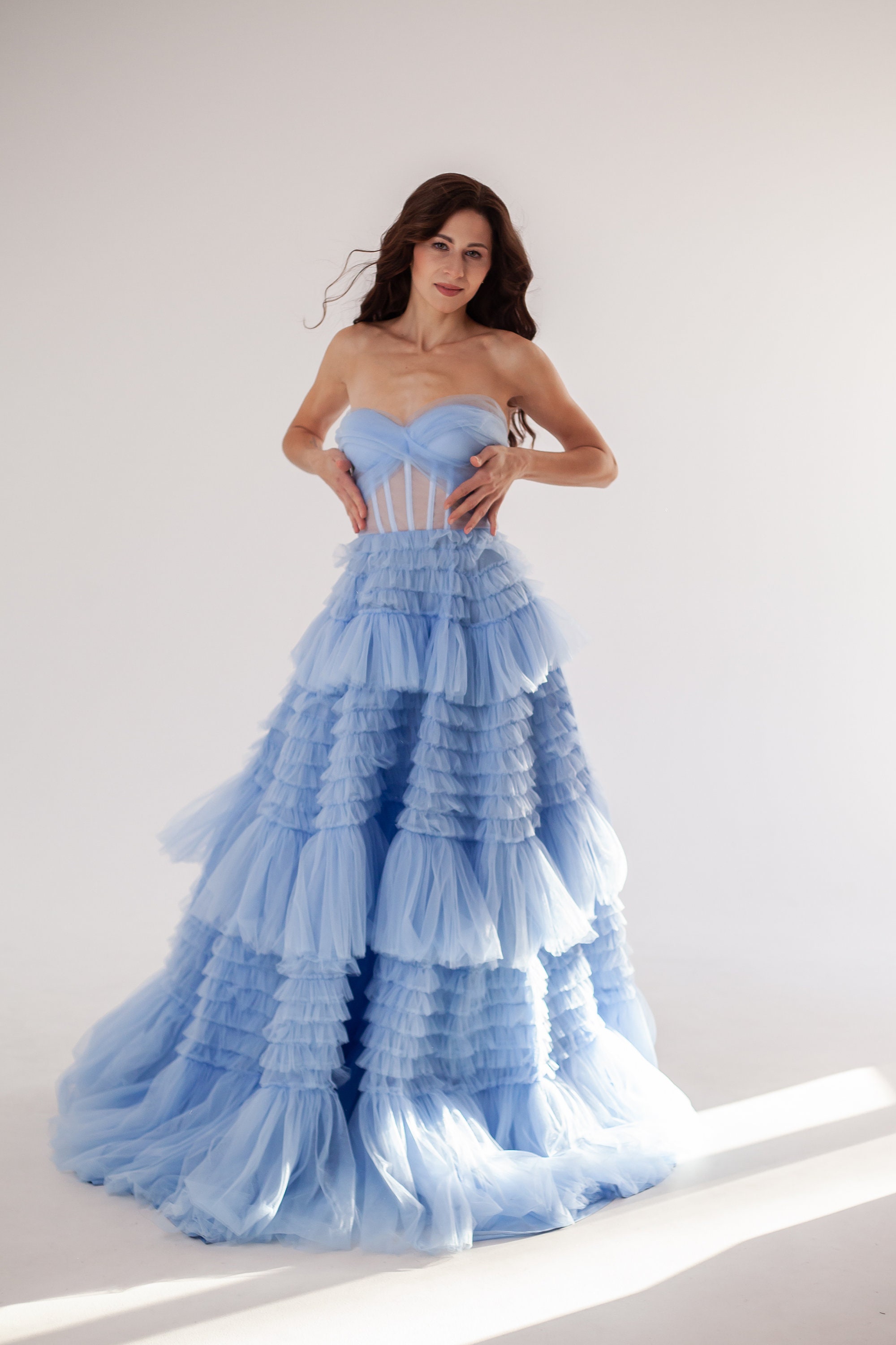 rue la la formal dresses Romance Ruffle Dress ~ Steel Blue Chiffon – Show Me Your Mumu main image 1