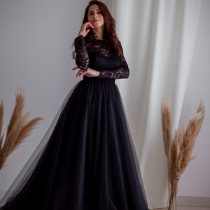 Elegant black dress Puffy tulle dress Lace evening dress Black wedding design Tulle dress with open back Black lace Long sleeve dresses image 4