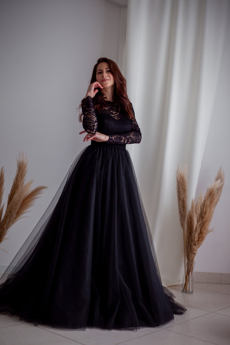 Elegant black dress Puffy tulle dress Lace evening dress Black wedding design Tulle dress with open back Black lace Long sleeve dresses image 4