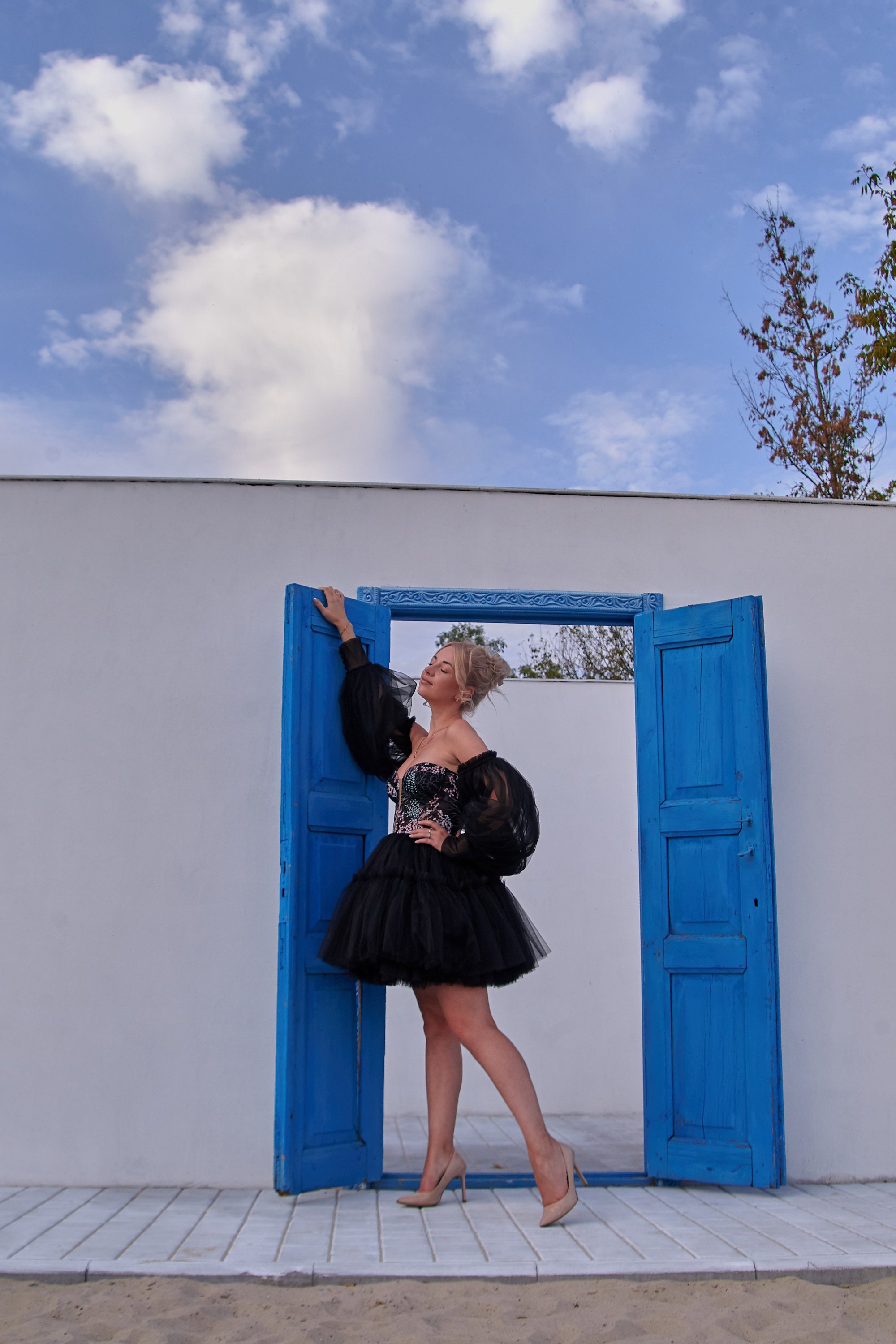 dark blue dress lace A-Line Off Shoulder Tulle Long Prom Dress, Dark Blue Lo Elegant White Pearl Embellished Color:Denim eventwear