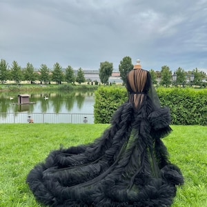 May include: A black tulle gown with a long train, displayed on a mannequin outdoors. The dress features a sheer bodice and sleeves, with layers of ruffled fabric cascading down. The background includes a lake, trees, and a cloudy sky.