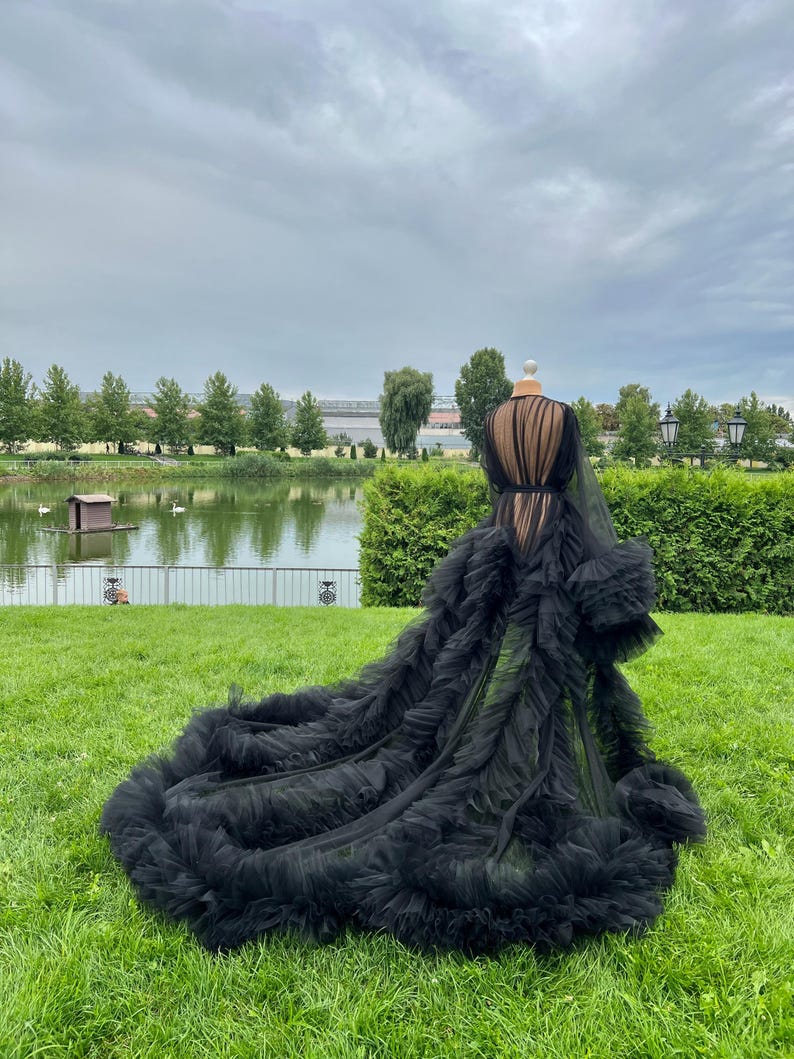 May include: A black tulle gown with a long train, displayed on a mannequin outdoors. The dress features a sheer bodice and sleeves, with layers of ruffled fabric cascading down. The background includes a lake, trees, and a cloudy sky.