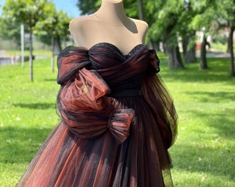 Robe de bal bouffante noire et orange, robe de mariée style féerique des bois, look de mariage gothique, robe de soirée noire volumineuse