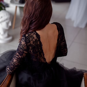 Elegant black dress Puffy tulle dress Lace evening dress Black wedding design Tulle dress with open back Black lace Long sleeve dresses image 8