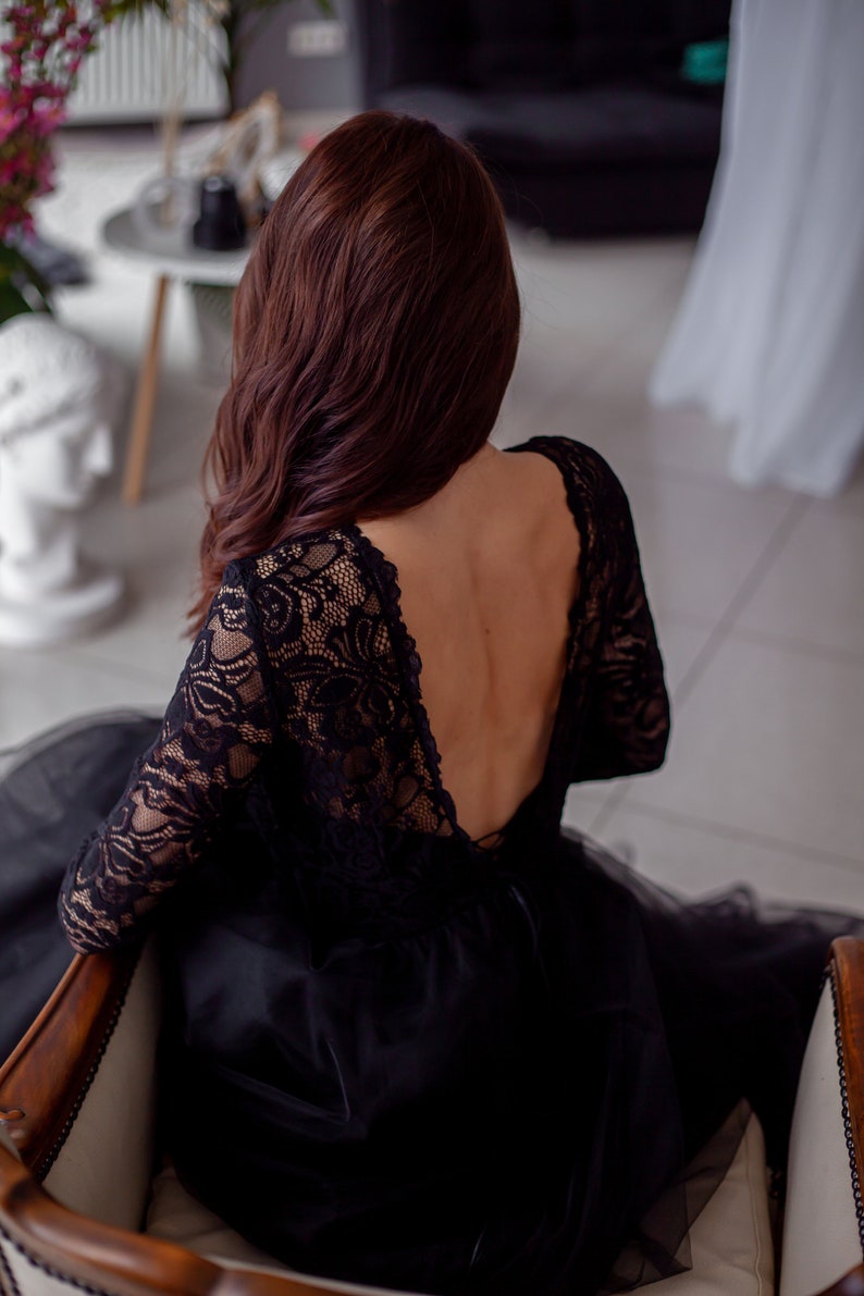 Elegant black dress Puffy tulle dress Lace evening dress Black wedding design Tulle dress with open back Black lace Long sleeve dresses image 8