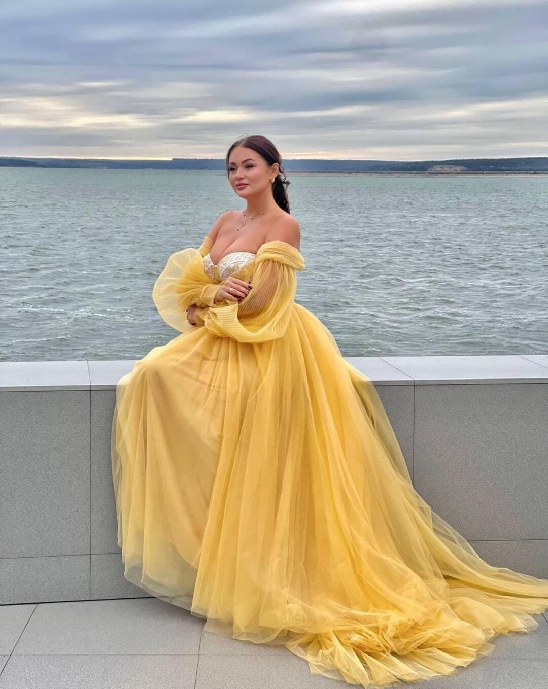Gold long party dress,Sunny wedding dress with puff sleeves,Yellow delicate dress with a train,Mustard prom dress,Royal puffy dress