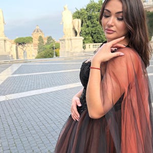 May include: A black and brown tulle gown with a sheer, rust-colored cape. The dress features a detailed bodice and a full skirt. The cape drapes over the shoulders, creating a dramatic effect. The background shows a city with statues and buildings.