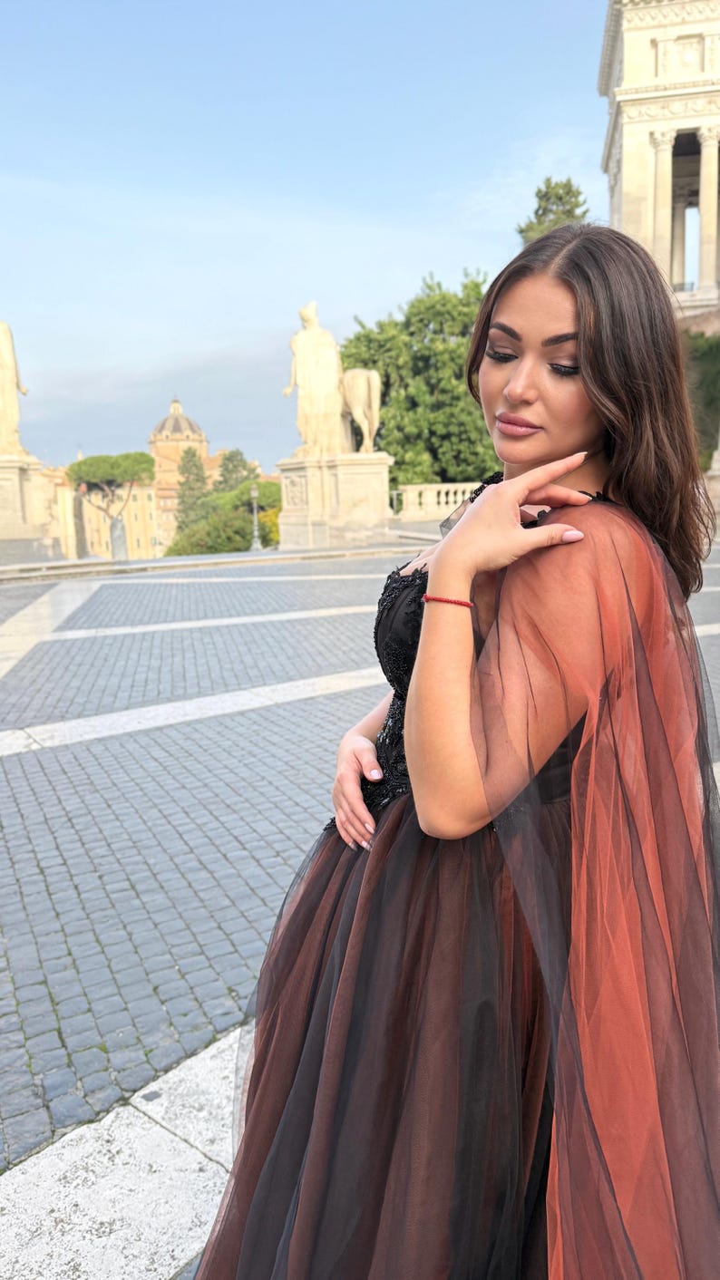 May include: A black and brown tulle gown with a sheer, rust-colored cape. The dress features a detailed bodice and a full skirt. The cape drapes over the shoulders, creating a dramatic effect. The background shows a city with statues and buildings.