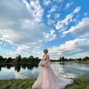 Soft pink event dress,Puffy tulle dress with long train,Dresses with puff sleeves,Wedding Dress,Prom Dress,Pink dress for photo,corset dress image 6