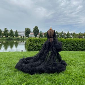 May include: A black tulle gown with a long train is displayed on a mannequin outdoors. The dress features a sheer bodice and a voluminous skirt with multiple layers of ruffled fabric. The background includes green grass, a lake, and a cloudy sky.