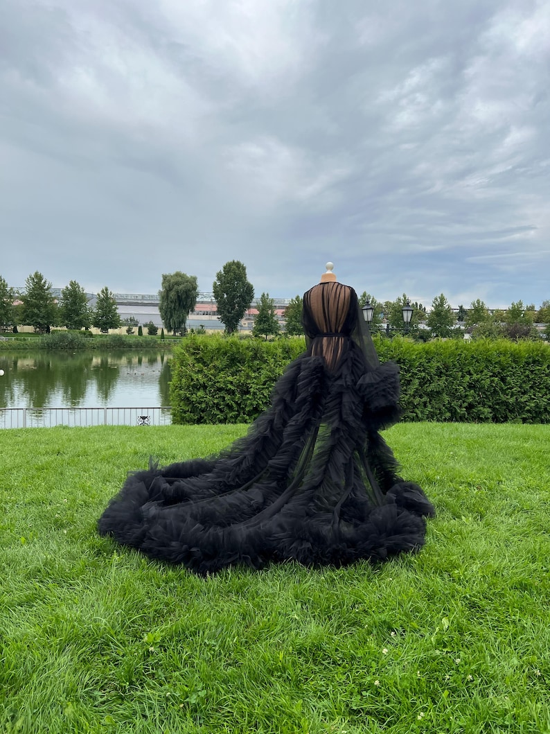 May include: A black tulle gown with a long train is displayed on a mannequin outdoors. The dress features a sheer bodice and a voluminous skirt with multiple layers of ruffled fabric. The background includes green grass, a lake, and a cloudy sky.