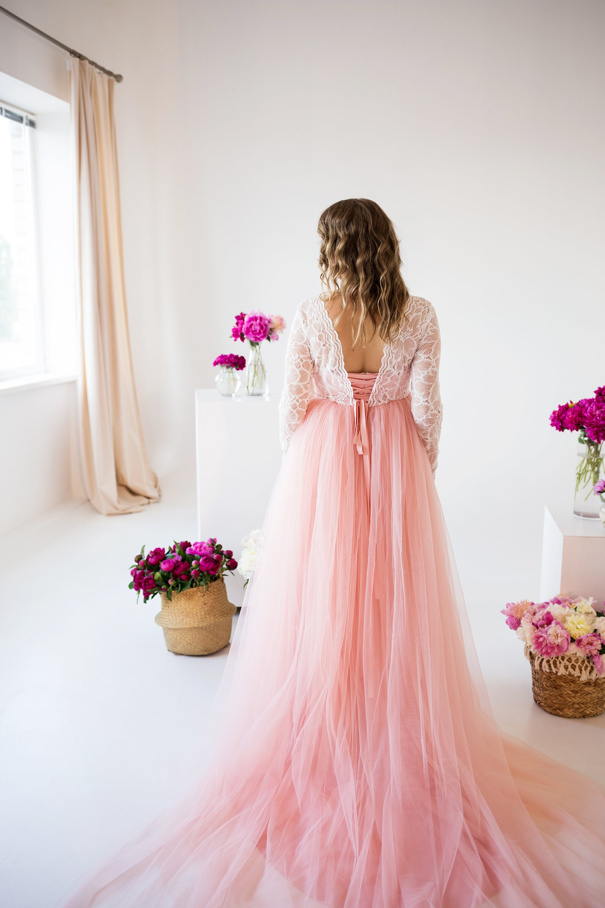 pink fluffy maternity dress Pink Mesh Tiered Long Sleeve Maternity Maxi Dress