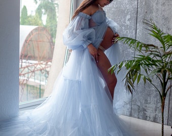 Puffy Tüll Umstandskleid, blaues bauschiges Kleid mit rüschen. Korsett Kleid. Schwangerschaft Foto-Shooting.Ein transparentes Kleid,Mutters Kleid