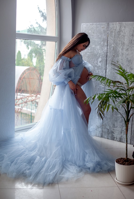 blue fluffy maternity dress Light Blue Smocked Ruffle Maternity Dress Medium main image 1