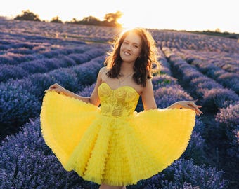 Yellow fluffy tulle dress,Lemon beautiful dress,Corset dress with ruffle,Prom dress,Party and Birthday Dresses,Short corset dress,Neon dress