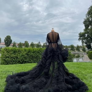 May include: A black tulle robe with a long train, displayed on a mannequin outdoors. The robe features a sheer bodice and sleeves, with a ruffled skirt that extends across the green grass. The background includes a cloudy sky and manicured landscaping.