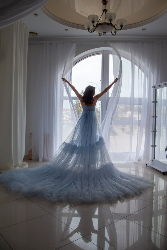 Puffy blue maternity dress Mother dress Puffy dress for a photos dress with a train for a photo shoot Shiny top,Very long train,Airy dress