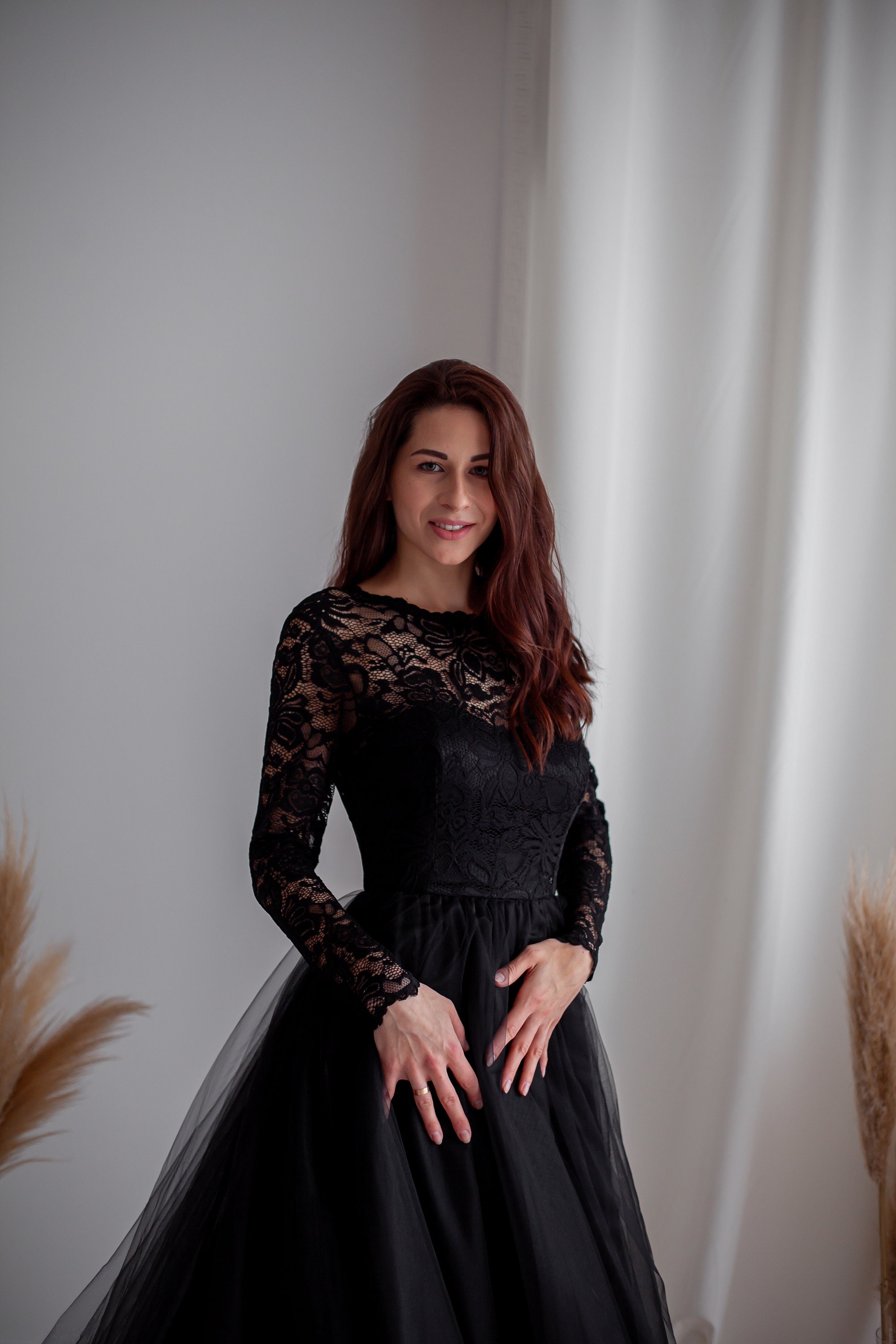 Elegant Black Dress Puffy Tulle Dress Lace Evening Dress
