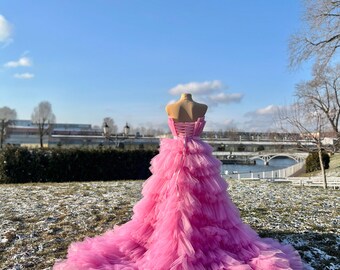 pink colorful dress Fuchsia Elegance Lace Gown Teuta Matoshi