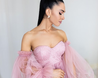 Pink puffy dress,Ruffled tulle dress,Corset Pink Event Dress,Long dress for a photo shoot,Dresses with puff sleeves,Corset  dress with cups