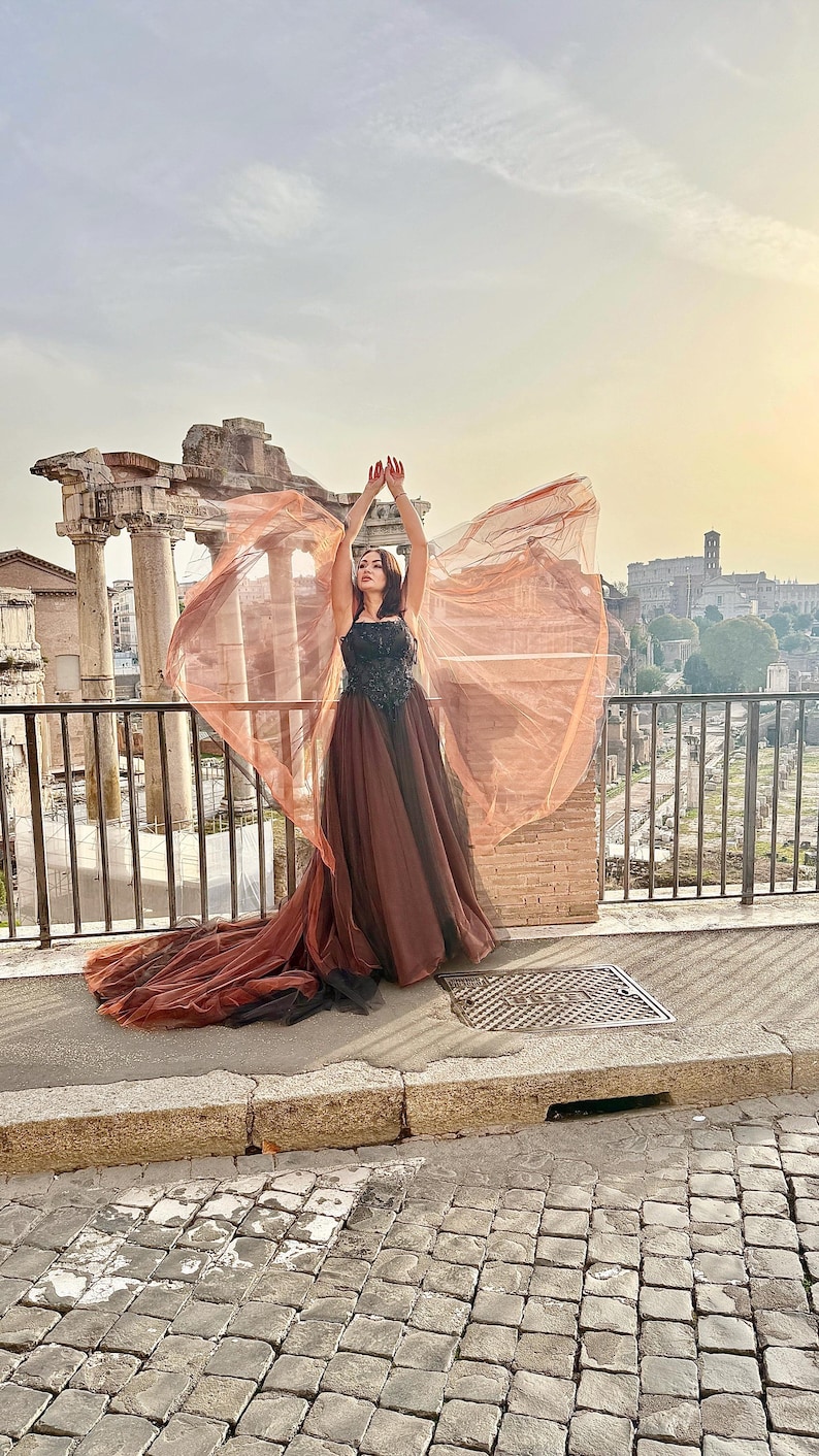 May include: A woman in a brown and black formal gown with a flowing train and sheer, wing-like fabric. The dress has a black bodice with intricate detailing. The background features ancient ruins and a cityscape under a bright sky.