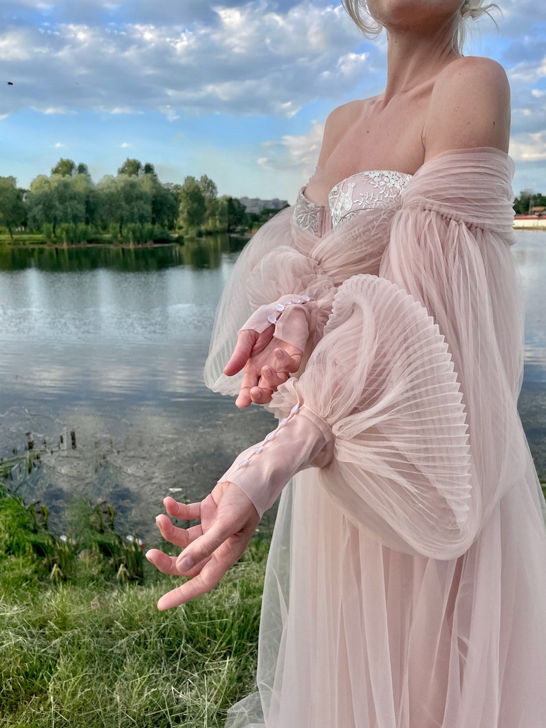 Soft pink event dress,Puffy tulle dress with long train,Dresses with puff sleeves,Wedding Dress,Prom Dress,Pink dress for photo,corset dress image 7