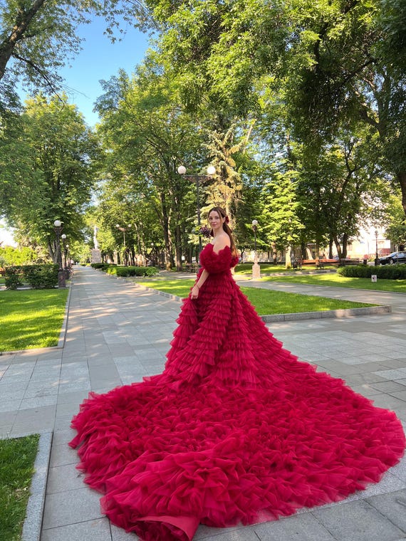 Gorgeous Raspberry Tulle Dress,Cherry Fluffy Dress with A Long Train,Red Corset Dress with Lots of Ruffles,Wedding Fire Image,Corset Dress