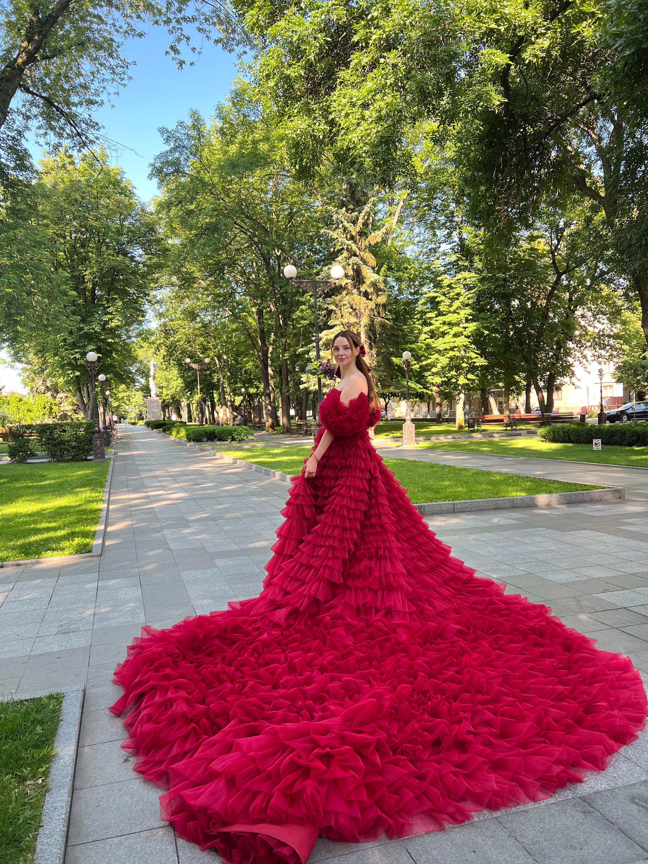 Raspberry Tulle Gown With Detachable Train