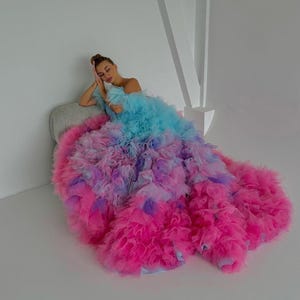 Fluffy Pink Dress With a Train,neon Dress,puffy Dress With Pom-poms,layered  Dress With Detachable Train,short Corset Dress,bright Long Dress - Etsy