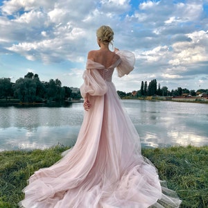 Soft pink event dress,Puffy tulle dress with long train,Dresses with puff sleeves,Wedding Dress,Prom Dress,Pink dress for photo,corset dress image 1