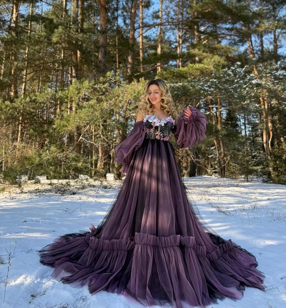 ombre shades of purple bridesmaid dresses Floral Gothic Dress,raspberry Black Dress,black Wedding Dress With 3D Flowers,fantasy Party Dress,fairytale Dress for the Forest this dress ensures youll FASHIONWEEK black long sleeved mini Color:Champagne Bouquet