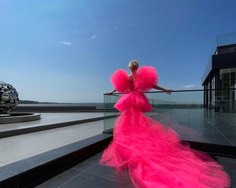 Fluffy Pink Dress With a Train,neon Dress,puffy Dress With Pom