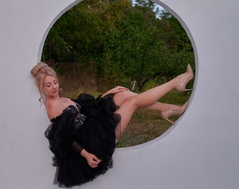 Black fluffy little dress,Lace black dress,Corset puffy dress,Ruffle party dress,Floral dress for photo shoots,Gorgeous dress,Flying dress