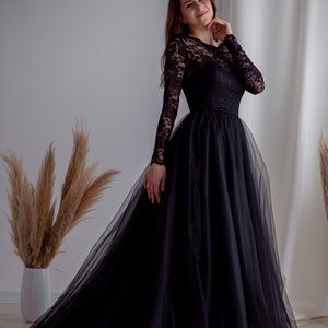 Elegant black dress Puffy tulle dress Lace evening dress Black wedding design Tulle dress with open back Black lace Long sleeve dresses image 5