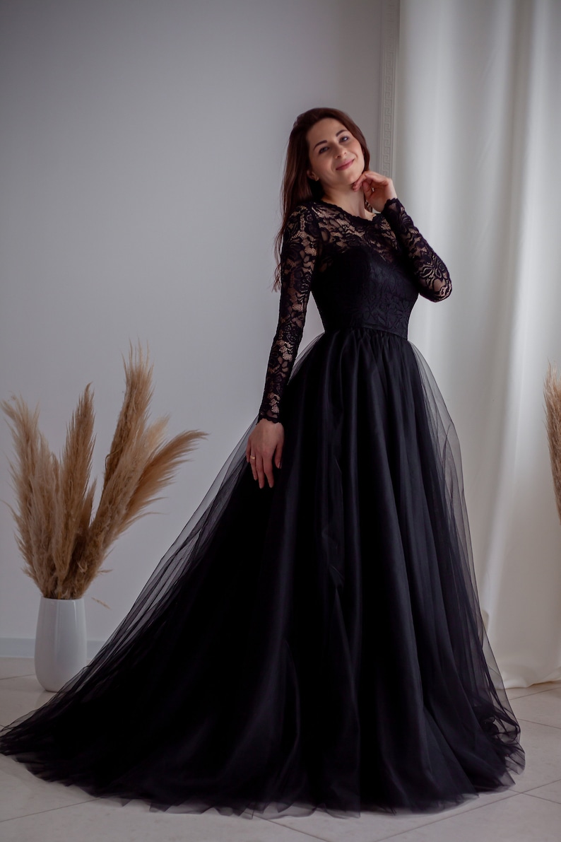 Elegant black dress Puffy tulle dress Lace evening dress Black wedding design Tulle dress with open back Black lace Long sleeve dresses image 5