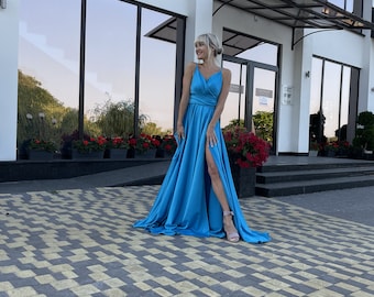 Flying blue dress,satin dress,Wrap dress,bare back moment,Light dress with thin straps,blue dress,Silky dress,Dresses with a slit,