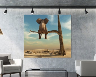 Elephant Sits On Tree Branch - Wrapped Canvas Art